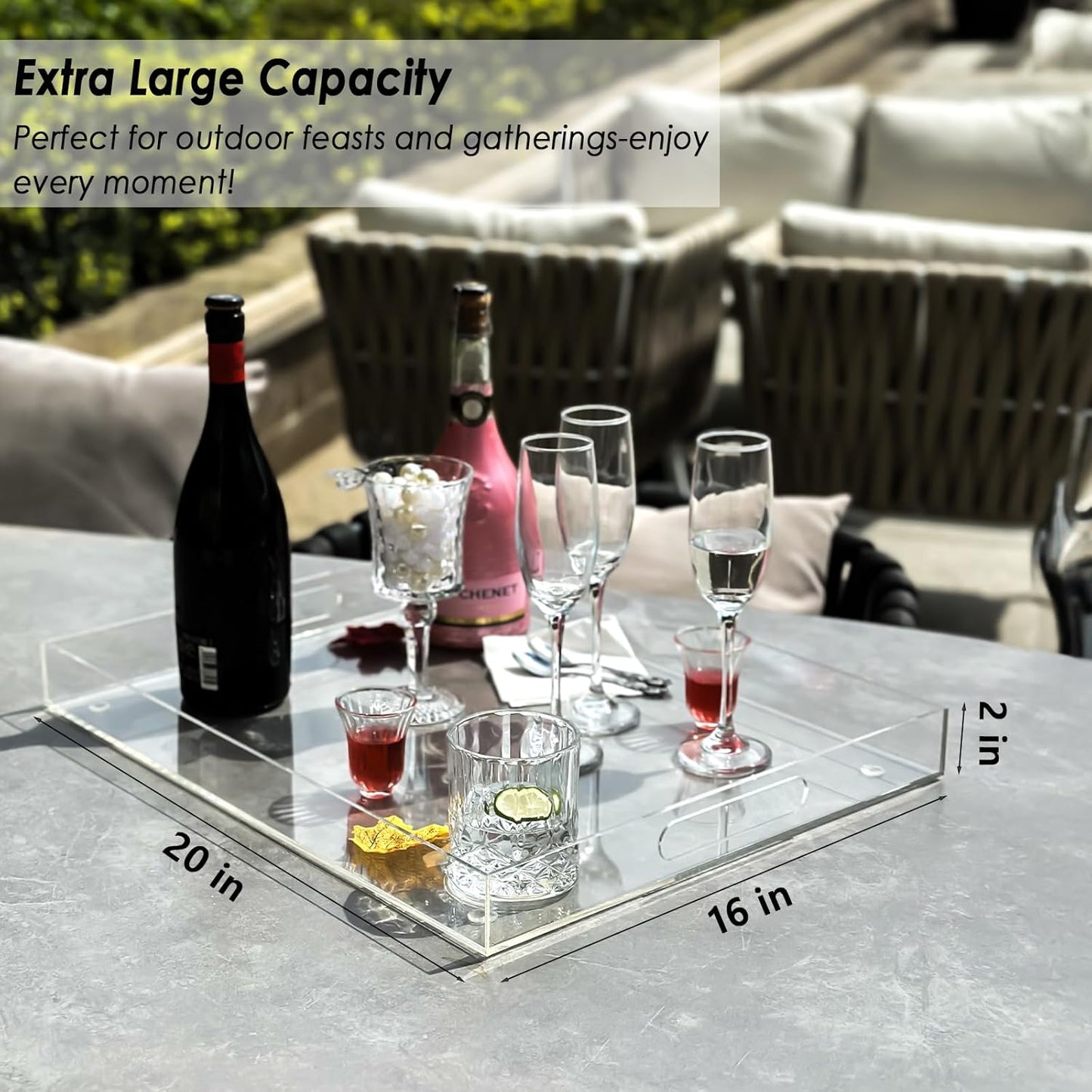 2 Pack Serving Tray with Handles, Clear Acrylic Tray for Serving Food, Large Outdoor Food Trays for Eating, Lucite Acrylic Trays for Appetizer, Pizza, Fruit and Drinks, Unbreakable, 16"×12"