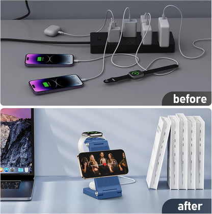 Magnetic Wireless Charger Stand, 3 in 1 Foldable Wireless Charging Station with 20W Adapter, Travel Charger for Multiple Devices for iPhone 17 16 15 14 13 12 Pro/Max/Plus/Mini, iWatch, AirPods