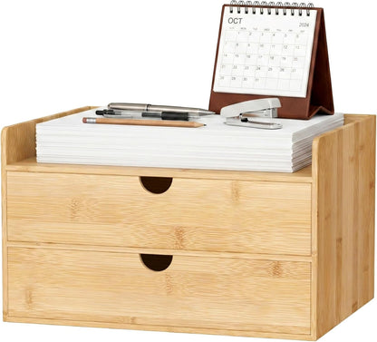 Desk Organizer with Drawers - Bamboo Desktop Organizer Storage | Wood Desk Drawers Organizer for Bills, Office Supplies, Cosmetics, Seals No Assembly Required (3 Drawer with Big Drawer)