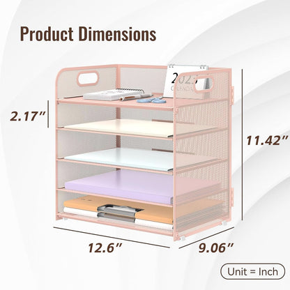 Supeasy 5 Trays Paper Organizer Letter Tray with Handle-Mesh Desk File Holders, Paper Sorter Desk Organizer for Office, Home, Classroom or School, White