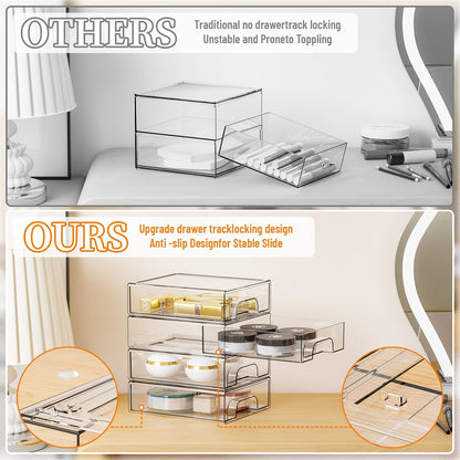 Yieach 4 Pack Clear Stackable Storage Drawers,4.4'' Tall Acrylic Drawer Containers for Organizing,Bathroom Organizers and Storage Bin Box,Plastic Makeup,Medicine Organizer Bins for Cabinet,Undersink
