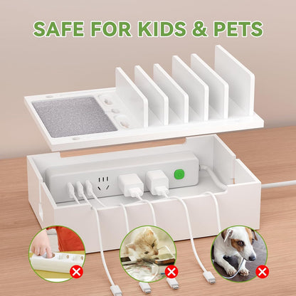 Pezin & Hulin Bamboo Charging Station for Multiple Devices, USB Charger Dock Organizer, with Power Supply (10 Ports HUB), 6 Cables, Cable Management Organizer for Cell Phones, Tablets -Natural+White
