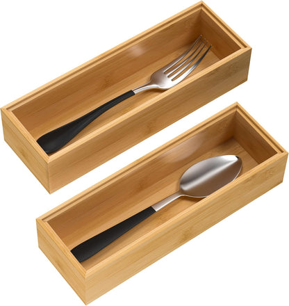 VeyFey Bamboo Drawer Organizer, Stackable Utensil Organizer for Kitchen, Bamboo Storage Box Wood Silverware Tray for Drawer 15" x 6" x 2" Set of 2