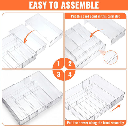 Expandable Drawer Organizer Tray with Adjustable Dividers, Clear PET Storage Box for Office Supplies, Makeup, Jewelry & Vanity, 10 Compartments, 1-Piece Set (10.6" x 15.7", Height 2.3")