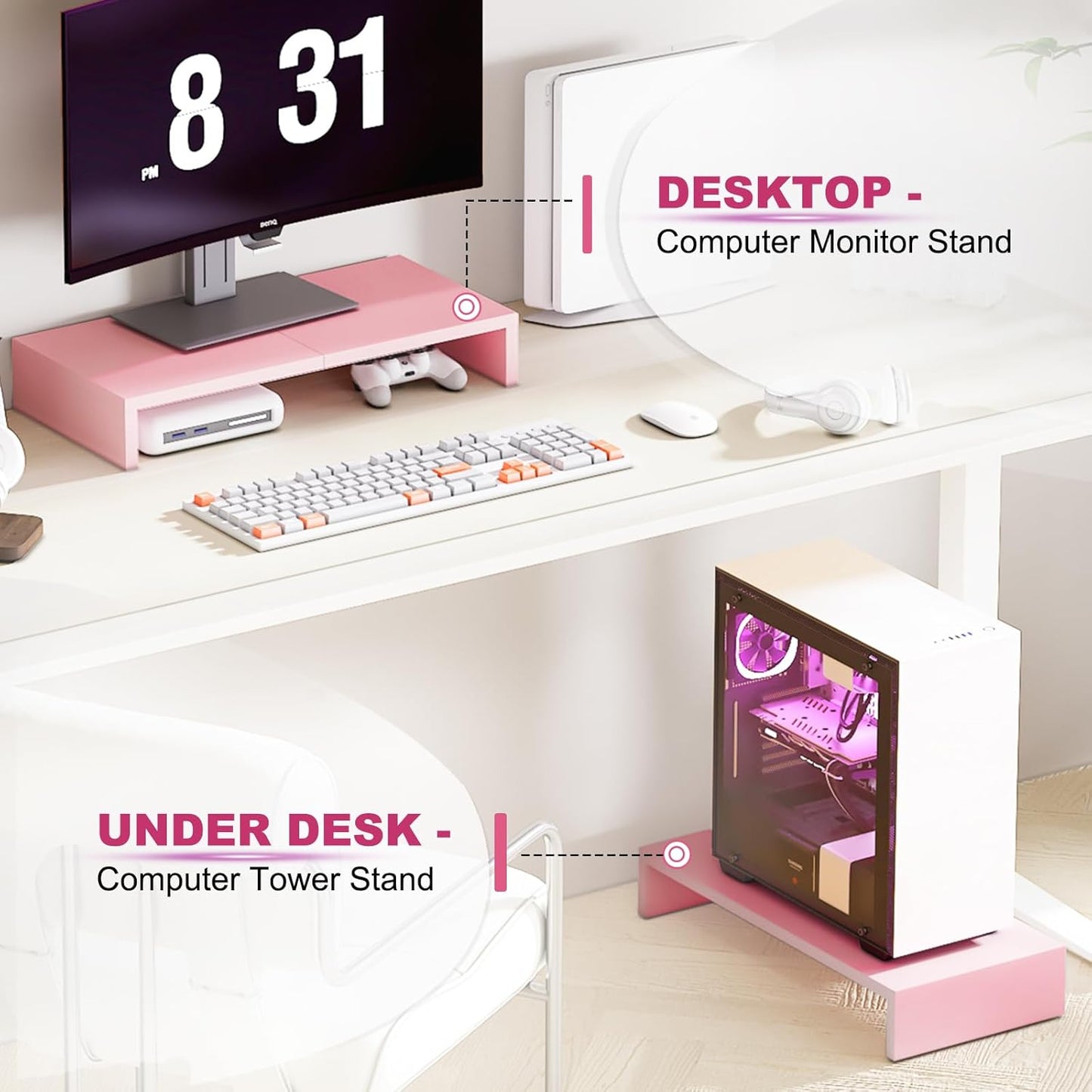 TEAMIX 20 inch White Monitor Stand Riser, Wood Desktop Stand for PC/TV/Laptop/Printer, White Monitor Riser with Storage, Computer Stand with Keyboard Organizer