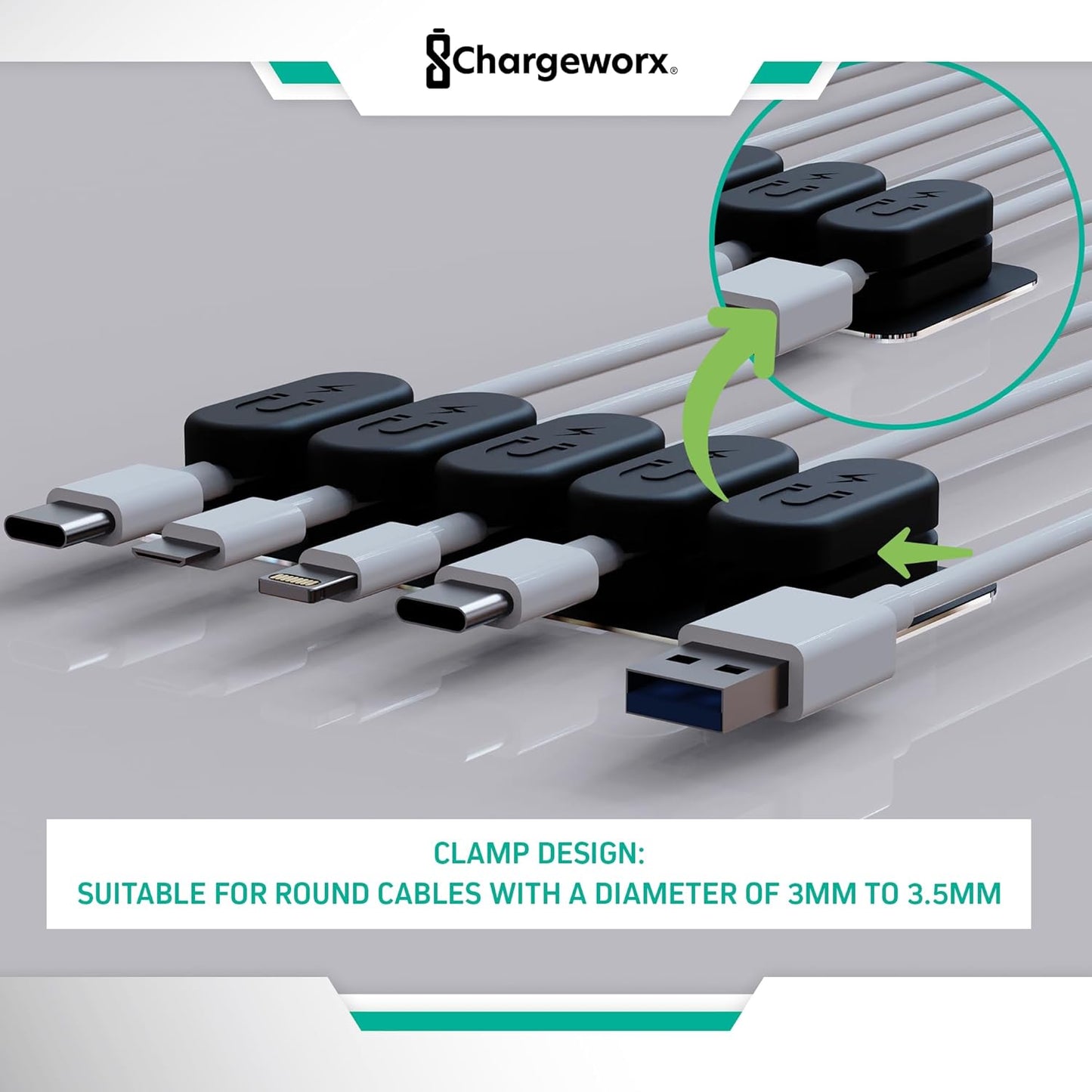 CHARGEWORX Pack of 5 Magnetic Cable Clips, Adhesive Cord Organizer for Desk, Nightstand, Wall or Car, Wire Holder for USB-C, Lightning and Micro-USB Cables