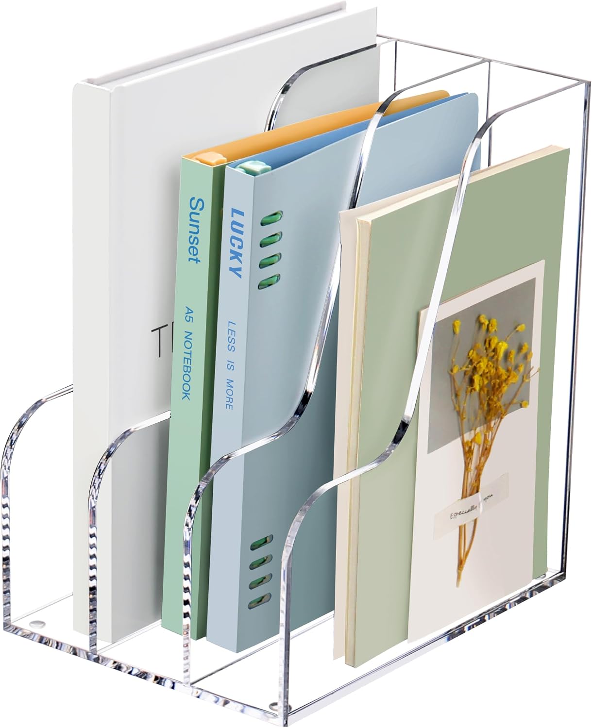 SANRUI Acrylic Magazine Holder Desk Organizer Workspace Sorters，Clear Bookend File Sorter Holder，Folder Rack, Office Accessories Organization Storage with 3 Vertical Compartments