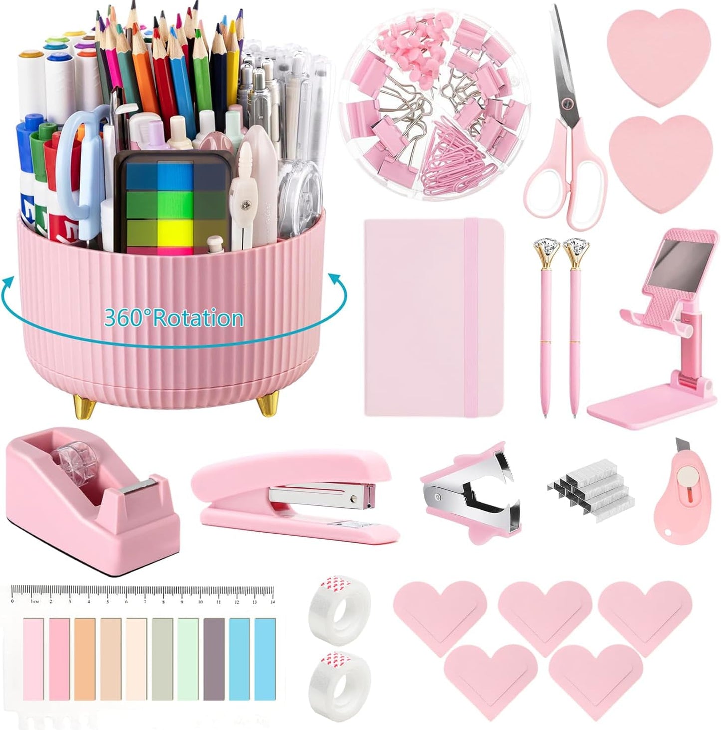 suniya Office Supplies,Gold Desk Accessories,with Stapler,Tape Dispenser,Pen Holder,Scissors,Phone Stand,Staple Remover,Ballpoint Pen,Clear Tape, Staples,Ruler,Clips,Best Gift for Business or Boss