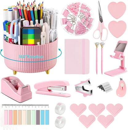 suniya Office Supplies,Gold Desk Accessories,with Stapler,Tape Dispenser,Pen Holder,Scissors,Phone Stand,Staple Remover,Ballpoint Pen,Clear Tape, Staples,Ruler,Clips,Best Gift for Business or Boss