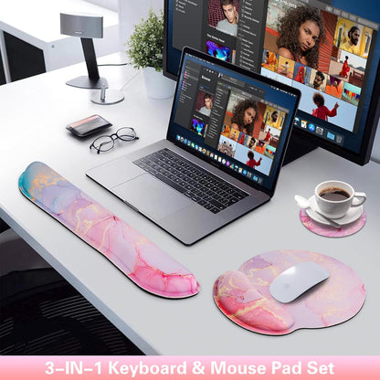 Mouse Pad with Wrist Rest Set, Qomolama 3-in-1 Wrist Support Mouse Pad Set, Floral Gaming Mousepad with Anti-Skid Base,Ergonomic Mouse Pad,Memory Foam Keyboard Gel Wrists Rest