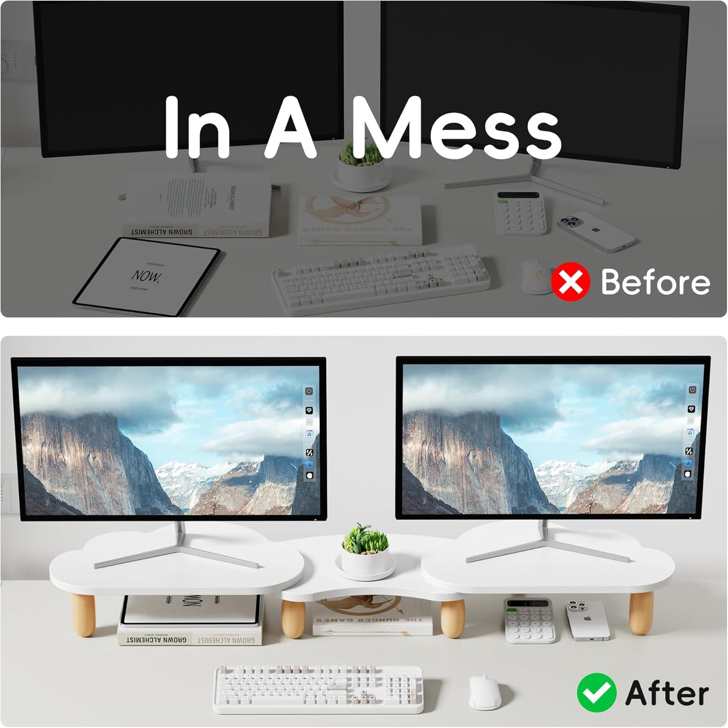 AFOOYO Monitor Stand Riser,31.5-Inch LED Light Wood Computer Monitor Stand with Adjustable Acrylic Legs,Desk Accessories Desktop Organizer Stand for, Computer,Laptop,Printer,PC TV Screen Riser,Black