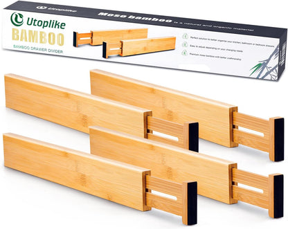 Utoplike 4 pcs Bamboo Kitchen Drawer Dividers Large, Adjustable Drawer Organizers, Spring Loaded, Expandable Organization Works in Kitchen, Dresser, Bathroom, Bedroom, Drawer, Desk