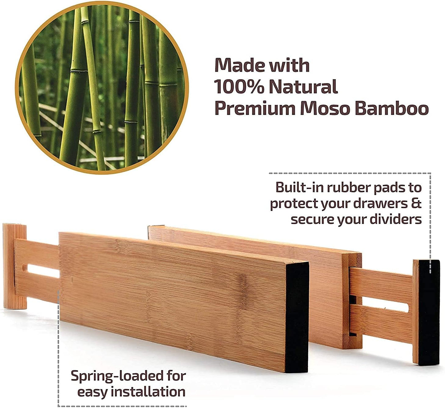 6-Pack Drawer Dividers - 2.6 Inches High, Adjustable 16 to 22 Inches Bamboo Drawer Organizer, Large Expandable Separator for Clothes, Dresser, Bedroom, Bathroom, Baby, Office, Kitchen Utensils, Black