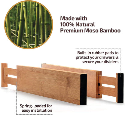 6-Pack Drawer Dividers - 2.6 Inches High, Adjustable 16 to 22 Inches Bamboo Drawer Organizer, Large Expandable Separator for Clothes, Dresser, Bedroom, Bathroom, Baby, Office, Kitchen Utensils, Black