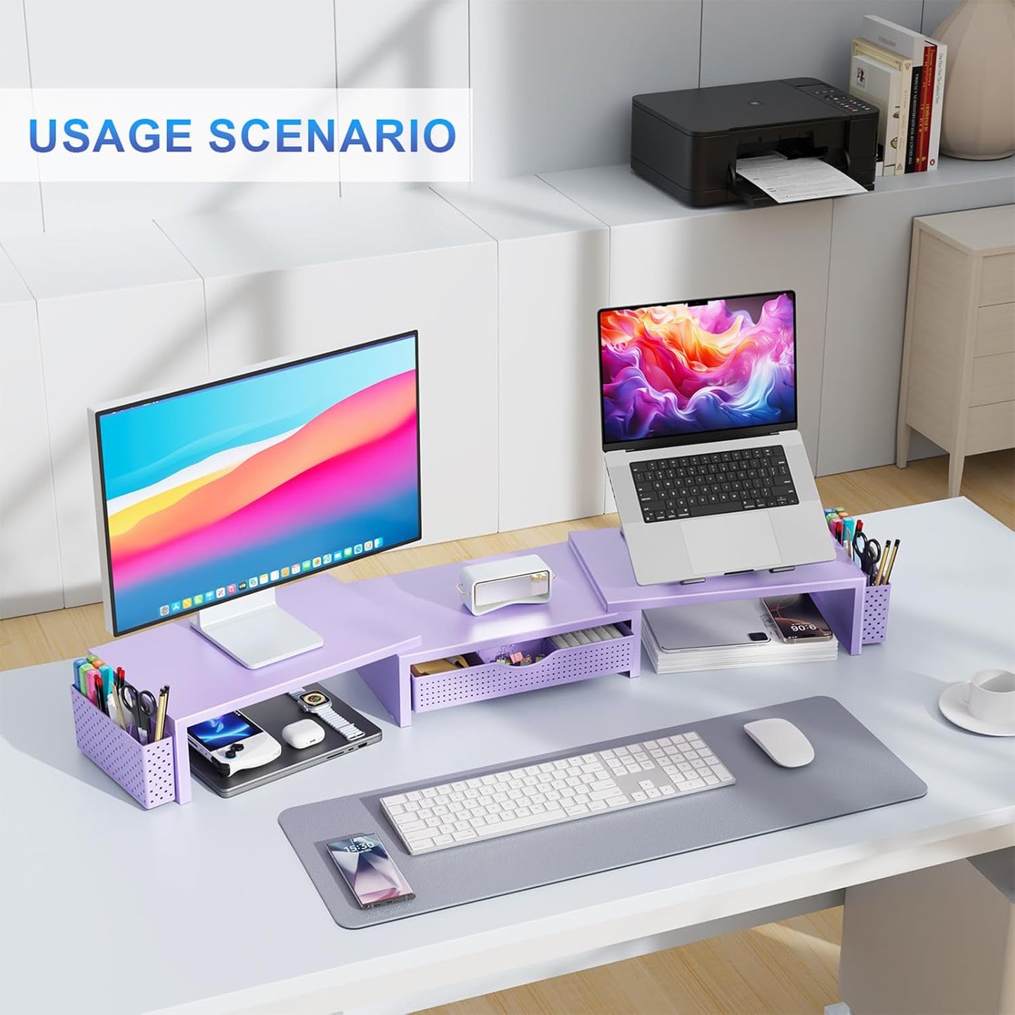 gianotter Dual Monitor Stand Riser, Desk Organizer With Drawer and 2 Pen Holders, Computer Monitor Stand, Shelf for Top of Desk, Black
