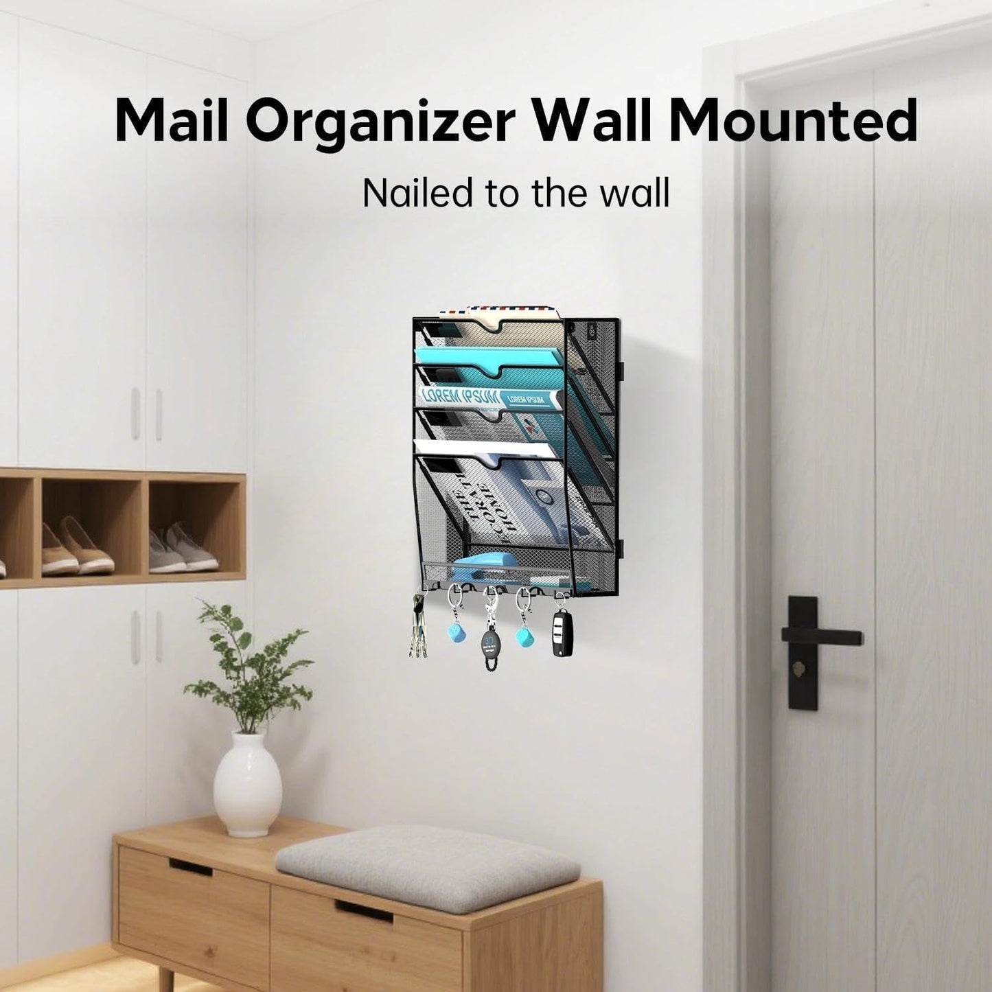 5 Tier Wall File Organizer - Hanging File Organizer with 5 Hooks, Mail Holder Wall Mounted for Papers, Folders, Magazines, Bills, Office&School Organization, Black