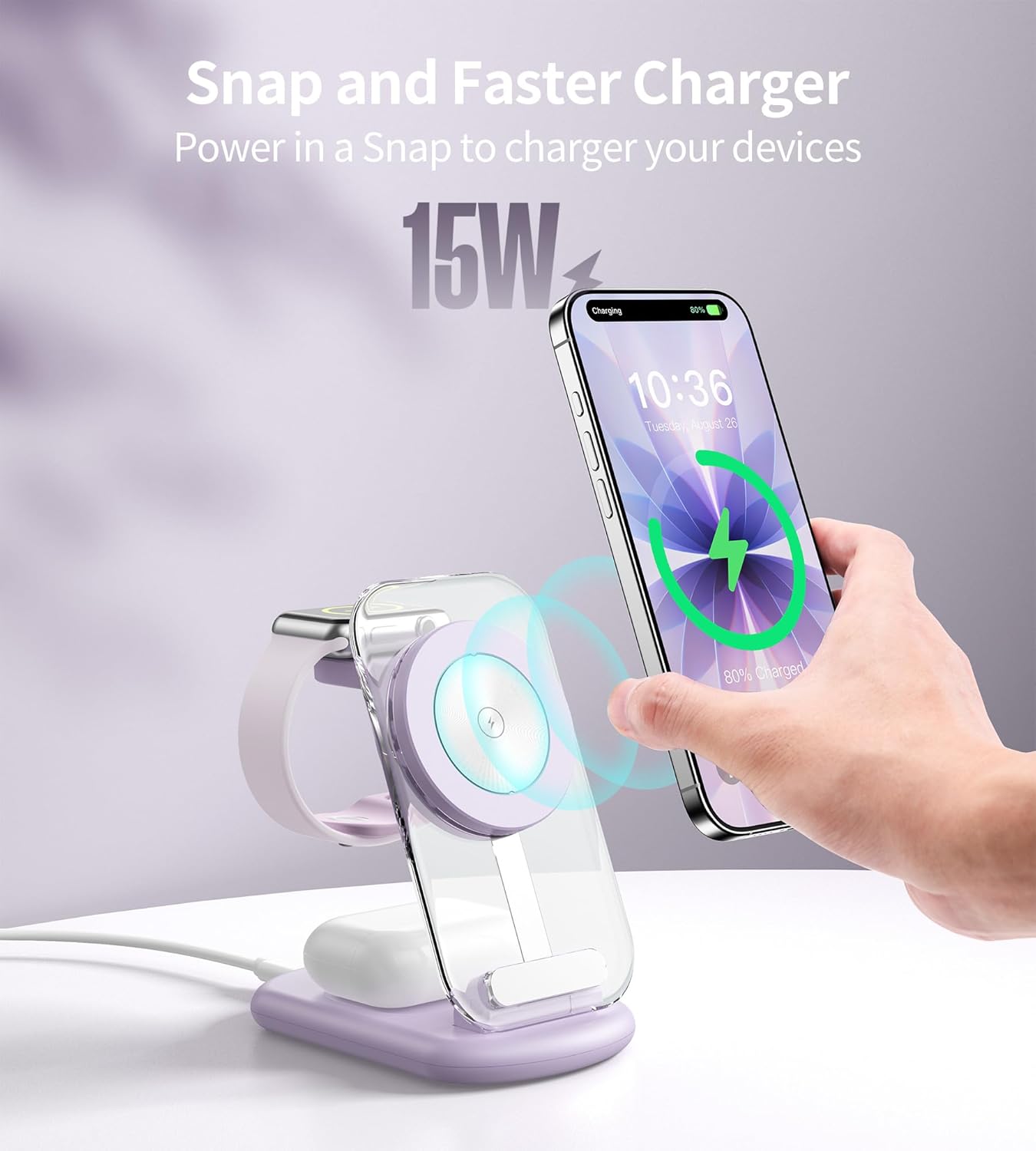 3 in 1 Magnetic Wireless Charging Station for Apple Devices, Fast Foldable Travel Mag-Safe Charger Stand with Night Light for iPhone 17 16 15 14 13 12 Series, Apple Watch/AirPods Pro, BU