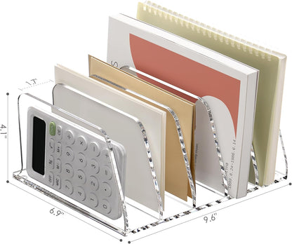 SANRUI 5 Compartments Acrylic Mail Sorter Holder, Clear Document Magazine Envelope File Rack, Vertical Letter Sorter & Multifunction Desk Organizer for Bills, Documents, Notebooks