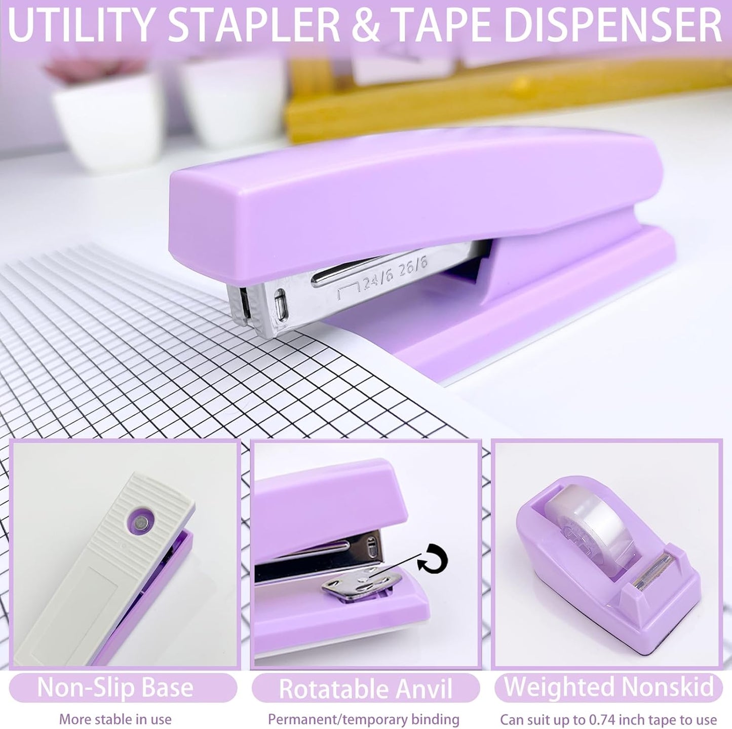 Purple Desk Accessories, 17Pcs Purple Office Supplies Set with Stapler, Mesh Desk Organizer, Tape Dispenser, Staple Remover, Pen Holder, Clips, Pens, Ruler, for Office Home School Women Students Gift