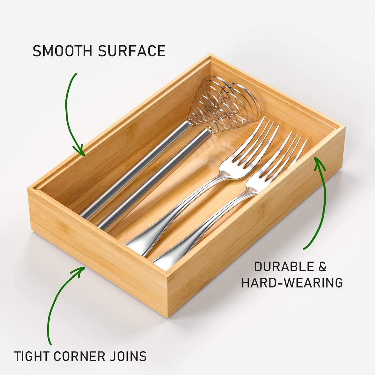 VeyFey Bamboo Drawer Organizer, Stackable Utensil Organizer for Kitchen, Bamboo Storage Box Wood Silverware Tray for Drawer 15" x 6" x 2" Set of 2