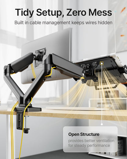 monTEK Laptop Arm Mount for Desk, 2-in-1 Monitor & Laptop Stand with Adjustable Laptop Tray, Fits Max 18" Notebook and 32" Screen, Aluminum Single Monitor Holder with VESA 75/100, Clamp/Grommet, Black