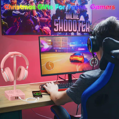 COZOO Headphone Stand with USB Charger Desktop Gaming Headset Holder Hanger with 3 USB Charging Station and 2 Outlets Power Strip,Suitable for Gaming, DJ,Wireless Earphone Display, Gamer Gifts for Men