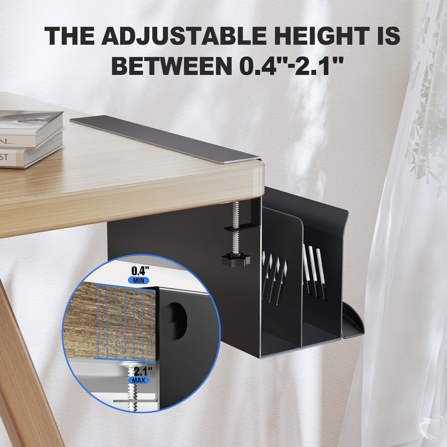 Litwaro Desk Side Storage Organizer, 2 Tier Under Desk Laptop Holder No Drill, Laptop Mount with Magnetic Pen Holder, Hanging Desk Organizer Fits Flat Edge Desks 0.4" to 2.1" (White)