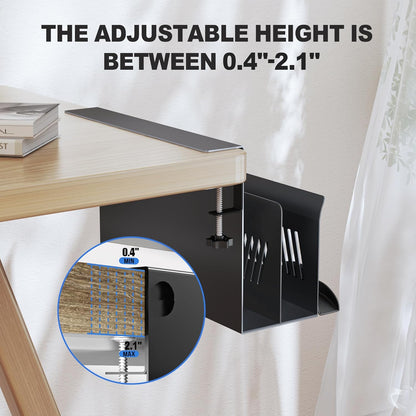 Litwaro Desk Side Storage Organizer, 2 Tier Under Desk Laptop Holder No Drill, Laptop Mount with Magnetic Pen Holder, Hanging Desk Organizer Fits Flat Edge Desks 0.4" to 2.1" (White)