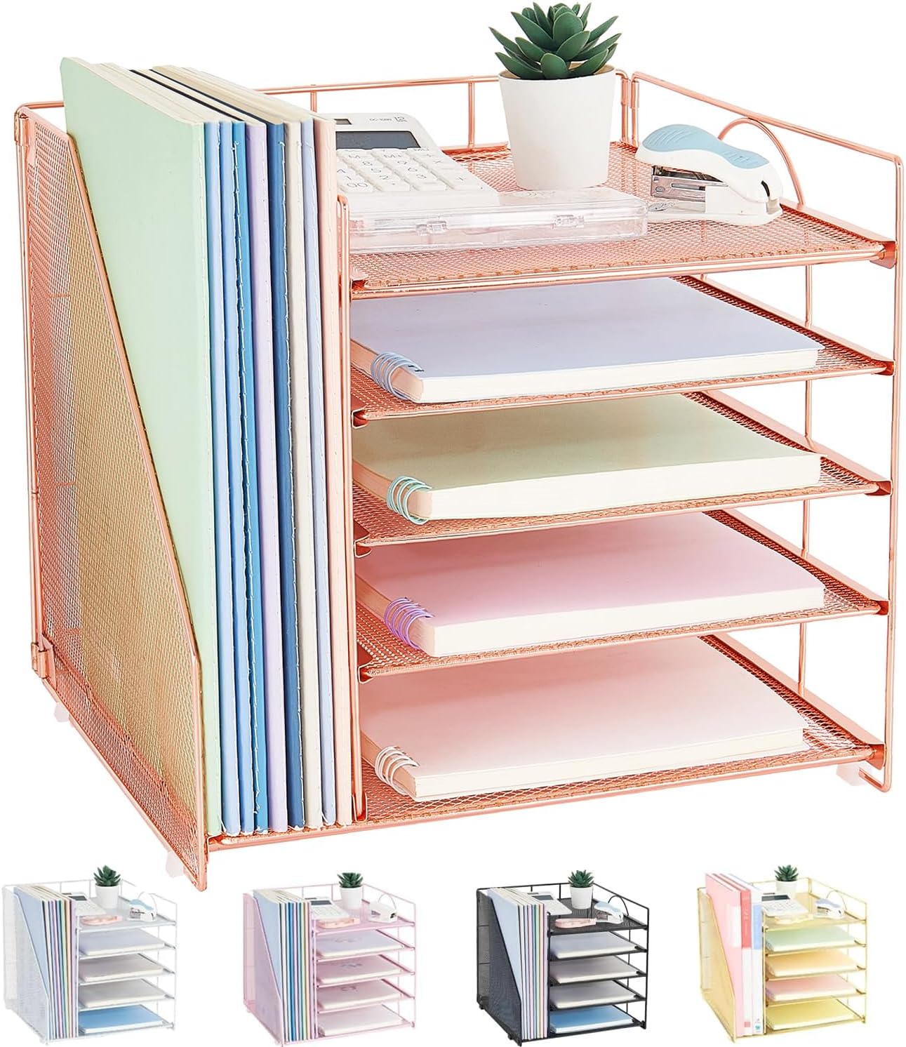LEKETREE Desk Organizers and Accessories, 5-Tier Paper Letter Tray Organizer with File Holder, Desktop Organizer for Office Supplies (Black)