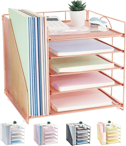 LEKETREE Desk Organizers and Accessories, 5-Tier Paper Letter Tray Organizer with File Holder, Desktop Organizer for Office Supplies (Black)