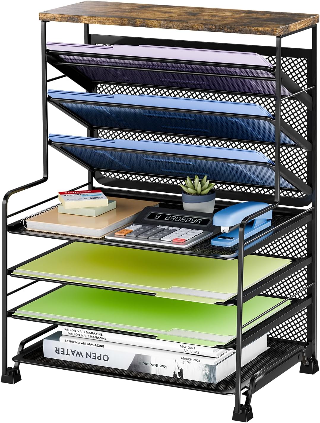 Simple Trending 7 Tier Desk File Organizer, Letter Tray Paper Organizer with Pen Holder and Metal Hanging Basket, Black
