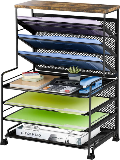Simple Trending 7 Tier Desk File Organizer, Letter Tray Paper Organizer with Pen Holder and Metal Hanging Basket, Black