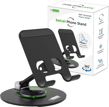 Uncaged Ergonomics 360° Swivel Rotating Adjustable Phone Stand for Desk, Portable & Foldable Cell Phone Stand for Desk, Compact Mobile Stand for Tabletop, Office, Kitchen & Bedroom (Black)