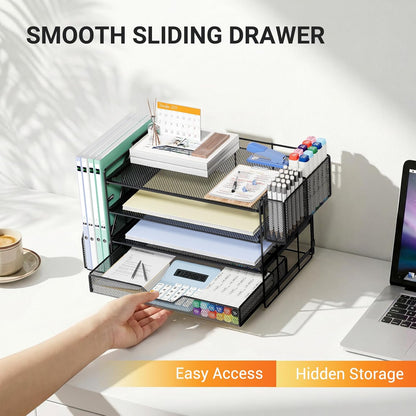 OPNICE Desk Organizers and Accessories, 4-Tier Office Desk Accessories & Workspace Organizers with Drawer and Pen Holder, Desktop Paper Tray File Organizer for Home Office Supplies, Gold