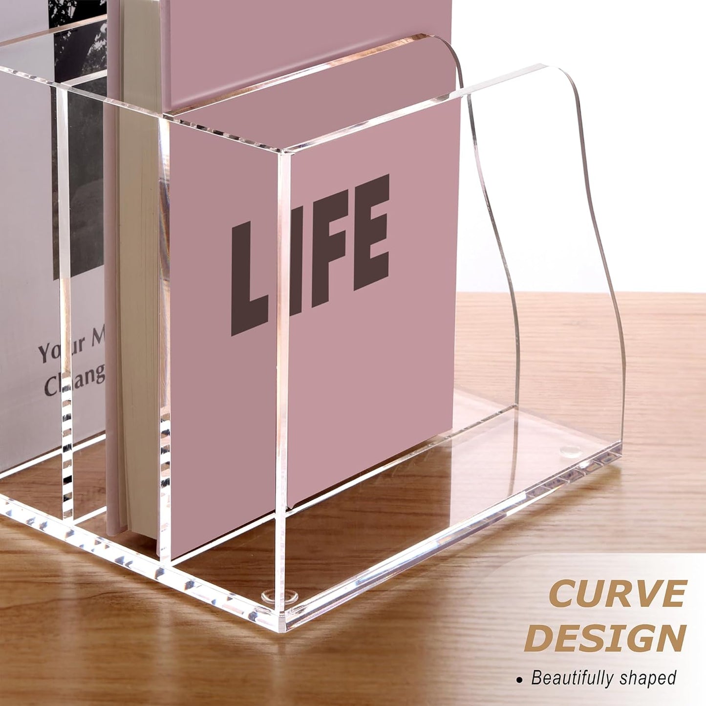SANRUI Acrylic Magazine Holder Desk Organizer Workspace Sorters，Clear Bookend File Sorter Holder，Folder Rack, Office Accessories Organization Storage with 3 Vertical Compartments