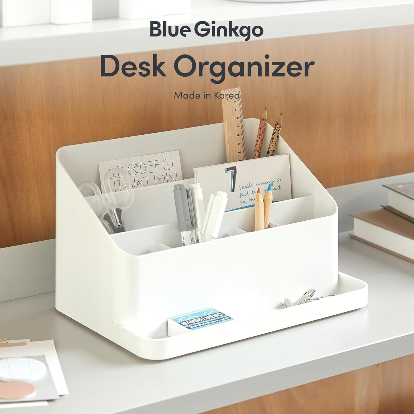 BLUE GINKGO Desk Holder – Korean-Made Office Organizer for Pencils, Pens, Notes, and Desk Supplies (White)