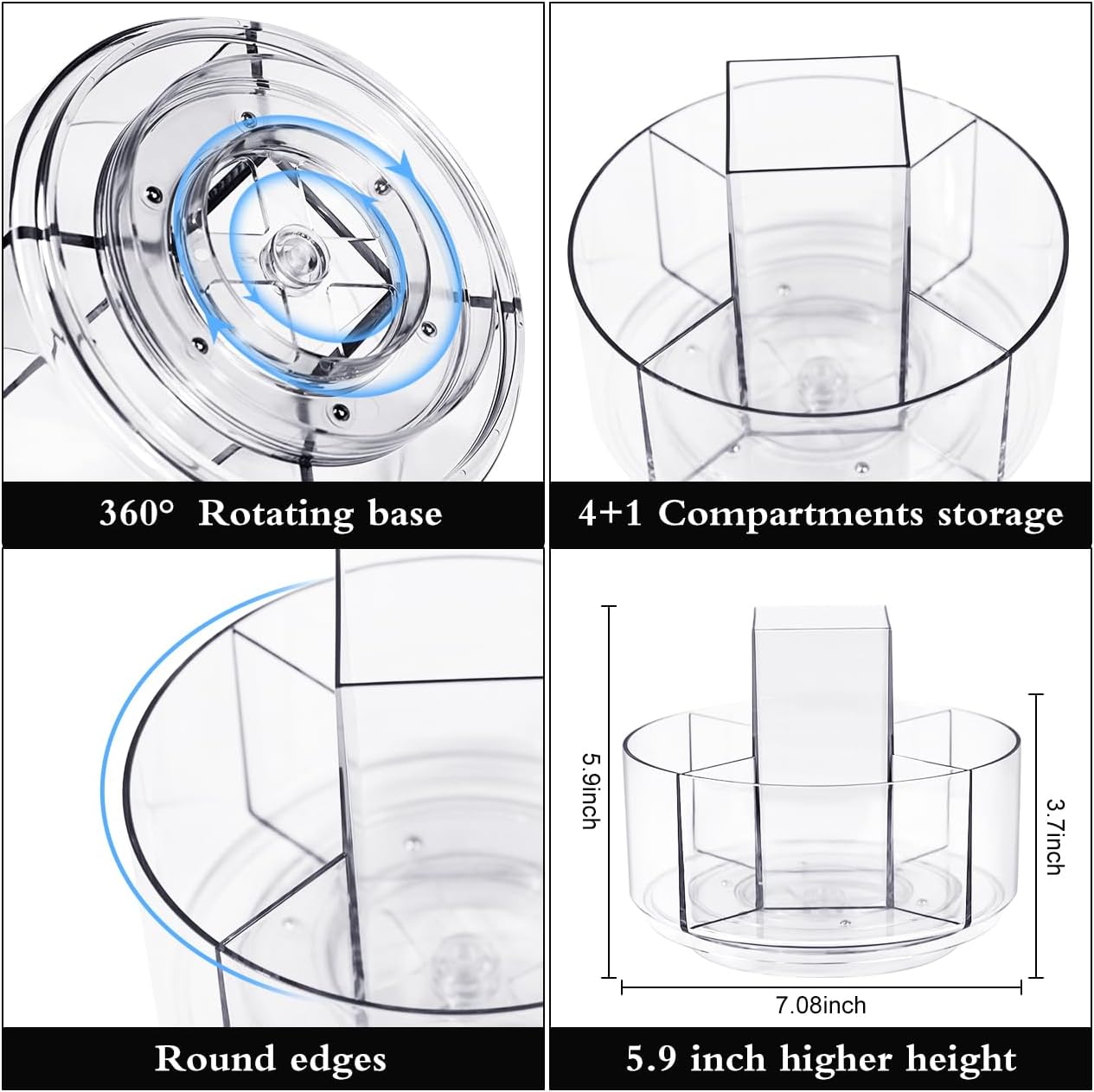 JIKIOU Acrylic Pen Holder, 360-Degree Rotating Pen Holder for Desk, Clear Desk Organizers and Accessories with 5 Compartments Pencil Organizer, Art Supply Storage Box Caddy for Office, Home