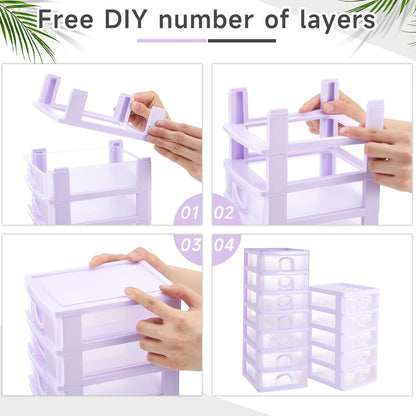 Thyle 2 Pcs Plastic Drawers Organizer Mini Organizer Stackable Plastic Clear Drawer Storage Box Containers Storage Units for Desktop Classroom Craft 6.7 x 4.9 x 13.4 inches(Purple)