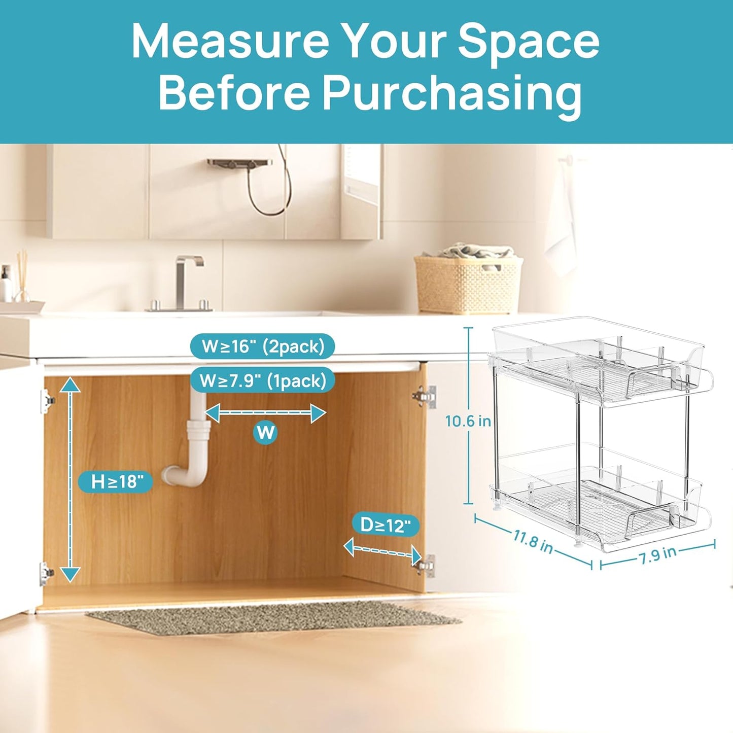 Vtopmart 4 Pack Bathroom Organizer, 2 Tier Clear Under Sink Organizers Vanity Countertop Storage Container,Cabinet Drawers Bins, Pull-Out Organization with Track for Pantry, Kitchen
