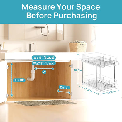 Vtopmart 4 Pack Bathroom Organizer, 2 Tier Clear Under Sink Organizers Vanity Countertop Storage Container,Cabinet Drawers Bins, Pull-Out Organization with Track for Pantry, Kitchen