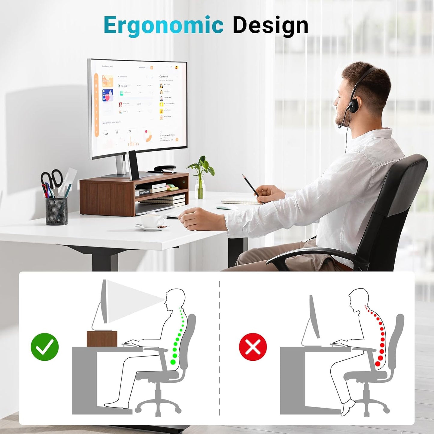 BONTEC Wooden Monitor Stand Riser, 2-Tier Desk Shelf with Storage Organizer, Ergonomic Computer Stand with Cable Management, Cellphone Holder, White, 16.5 Inch