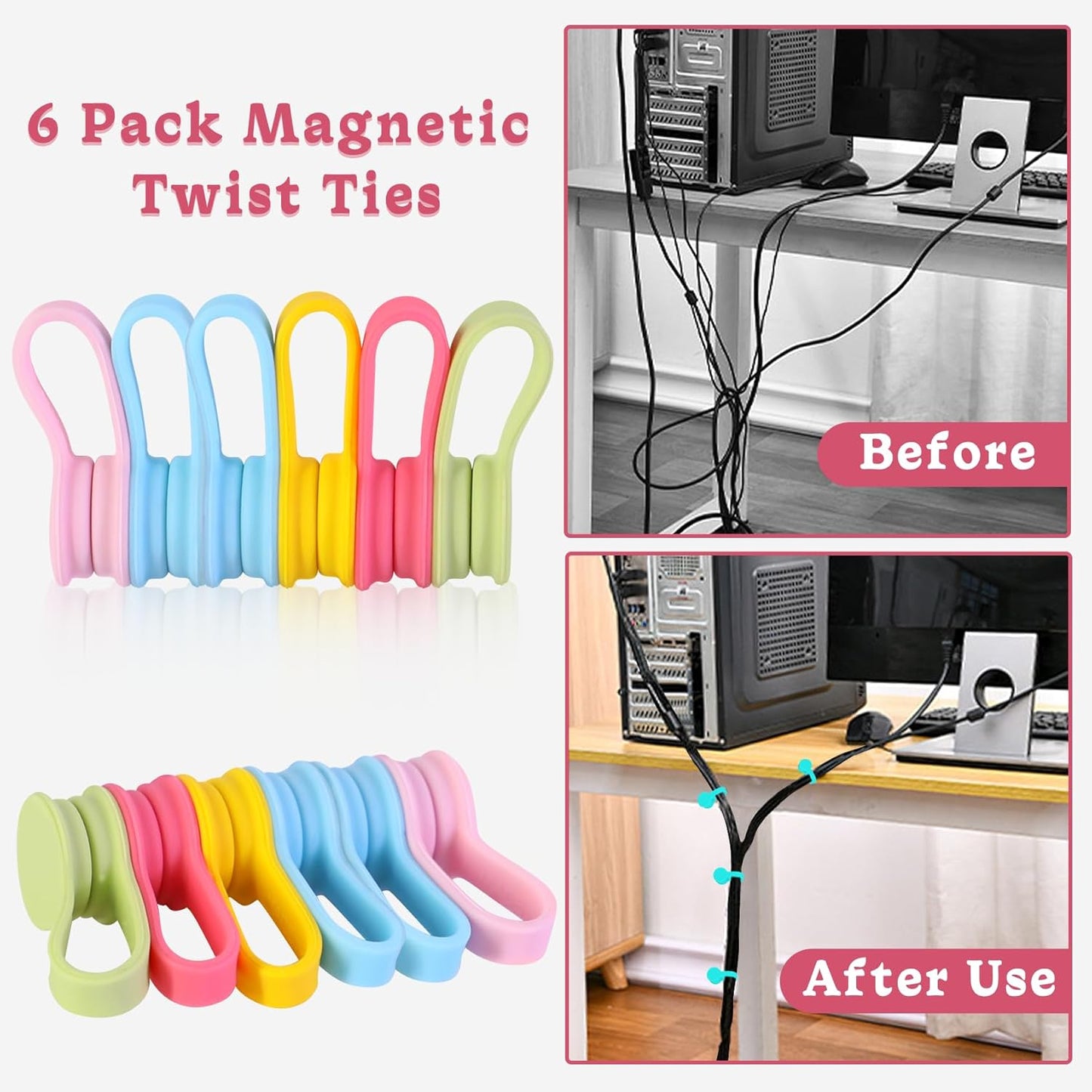 Viaky 6 Packs Magnet Wire Winder Straps, Multi-Colored Noticeboard Fridge Clips Silicone Cable Organizer Reusable Tie Phone Earbuds Bookmark Whiteboard Fridge (Lake Blue, Blue, Gray)