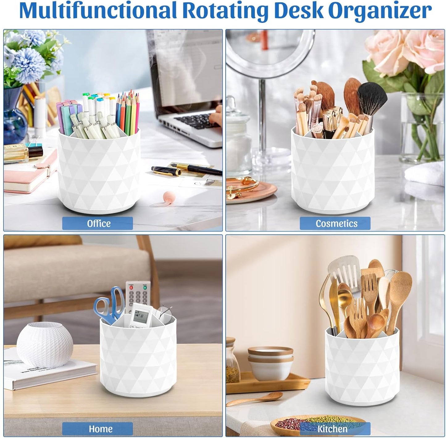 minimaliving Desk Organizer,Sparkling Diamond-like Pen Holder for Desk 360°Rotating Office Accessories,Pencil Cup with 5 Compartments Storage Box Caddy for Office,School,Home,Art Supply(White)