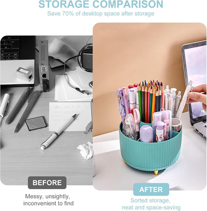 Cayxenful Pencil Holder For Desk,5 Slots 360°Degree Rotating Desk Organizers And Accessories,Desktop Storage Stationery Supplies Organizer, Cute Pencil Cup Pot For Office, School, Home (B-White)