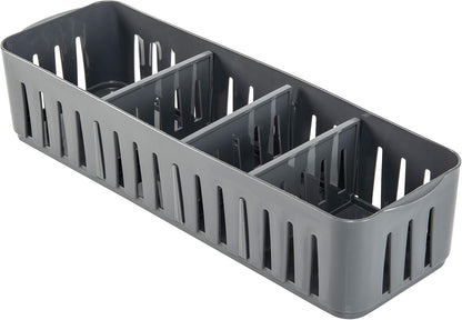 Simplify 4 Compartment Stackable Bin with Adjustable Dividers | Drawer Organizer | Storage Basket | Good for Office | Desk Supplies | Dorm |Bathroom | Accessories | Make Up | Grey