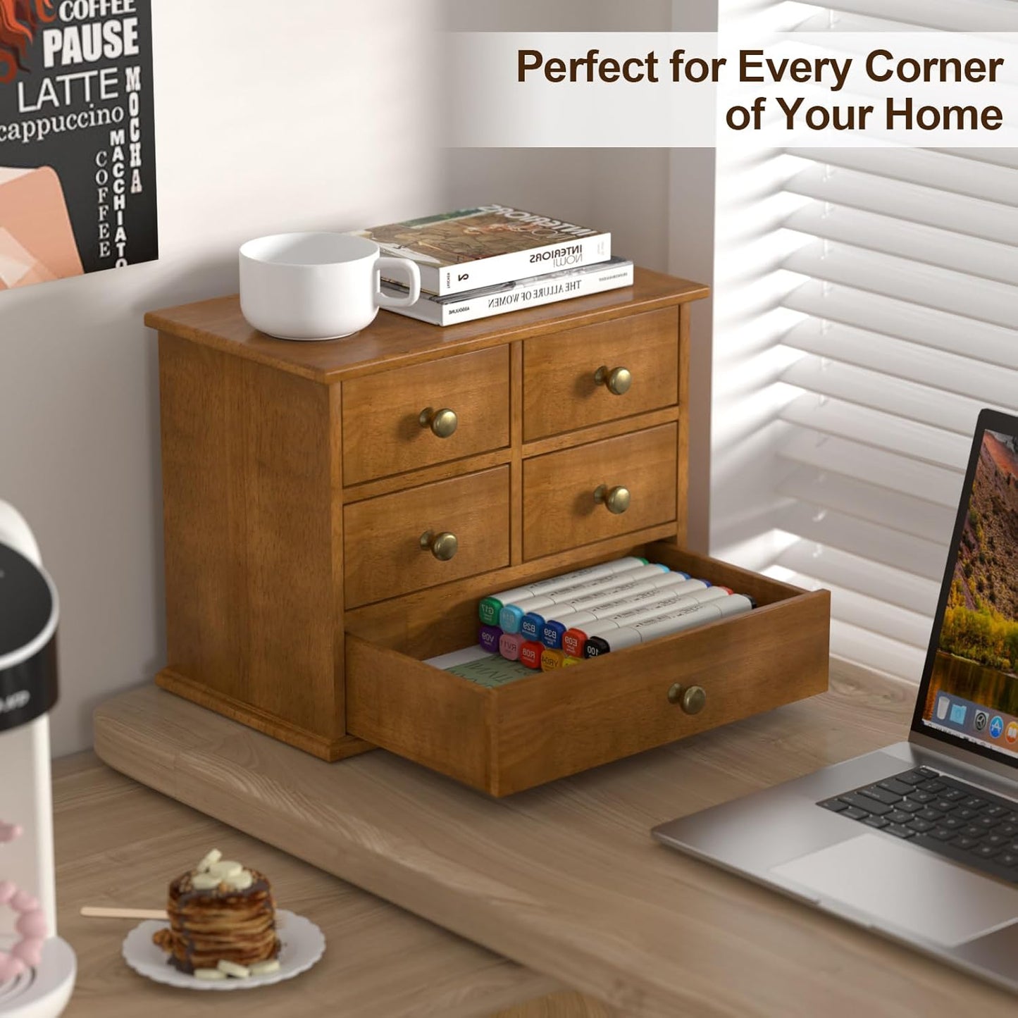 Oak Desk Organizer with Drawers, Durable Wooden Desktop Storage Box with Metal Handles & Non-Slip Silicone Pads, 4 Drawer Tabletop Organizer for Office, Bedroom, Bathroom, Vanity, and Makeup – Walnut