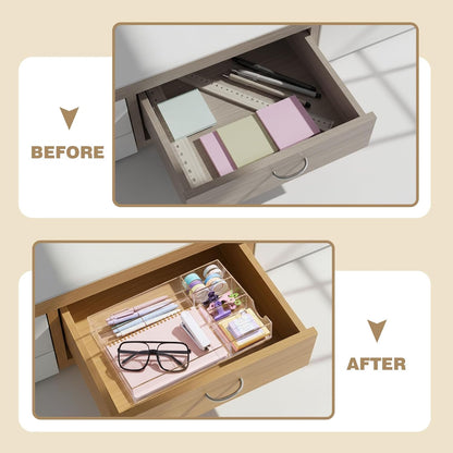 Briwooody Clear Acrylic Desk Drawer Organizer 11 x 6.1 x 1.38 Inch Storage Tray Organizer for Pens, Stationery, Desktop, Office, Bathroom, Kitchen, Makeup Supplies (6 Compartments)