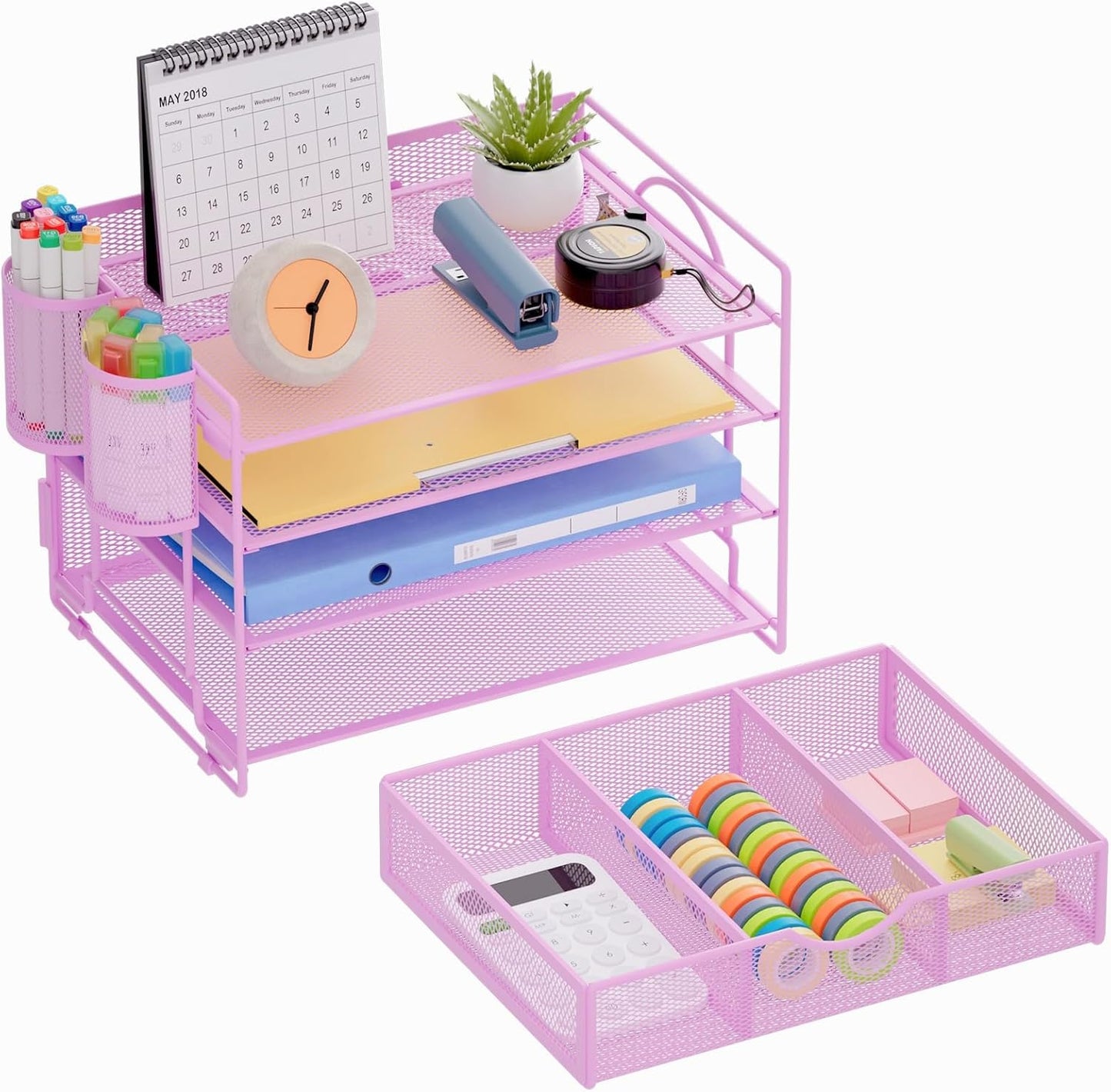 Marbrasse Desk Organizer and Accessories，4-Tier Paper Letter Tray Organizer with File Holder，Desk Accessories & Workspace Desktop Organizers for School Home Office Supplies (Blue)