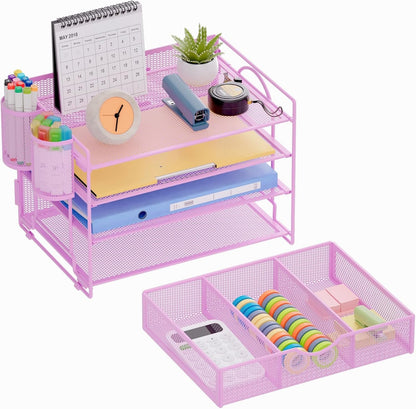 Marbrasse Desk Organizer and Accessories，4-Tier Paper Letter Tray Organizer with File Holder，Desk Accessories & Workspace Desktop Organizers for School Home Office Supplies (Blue)