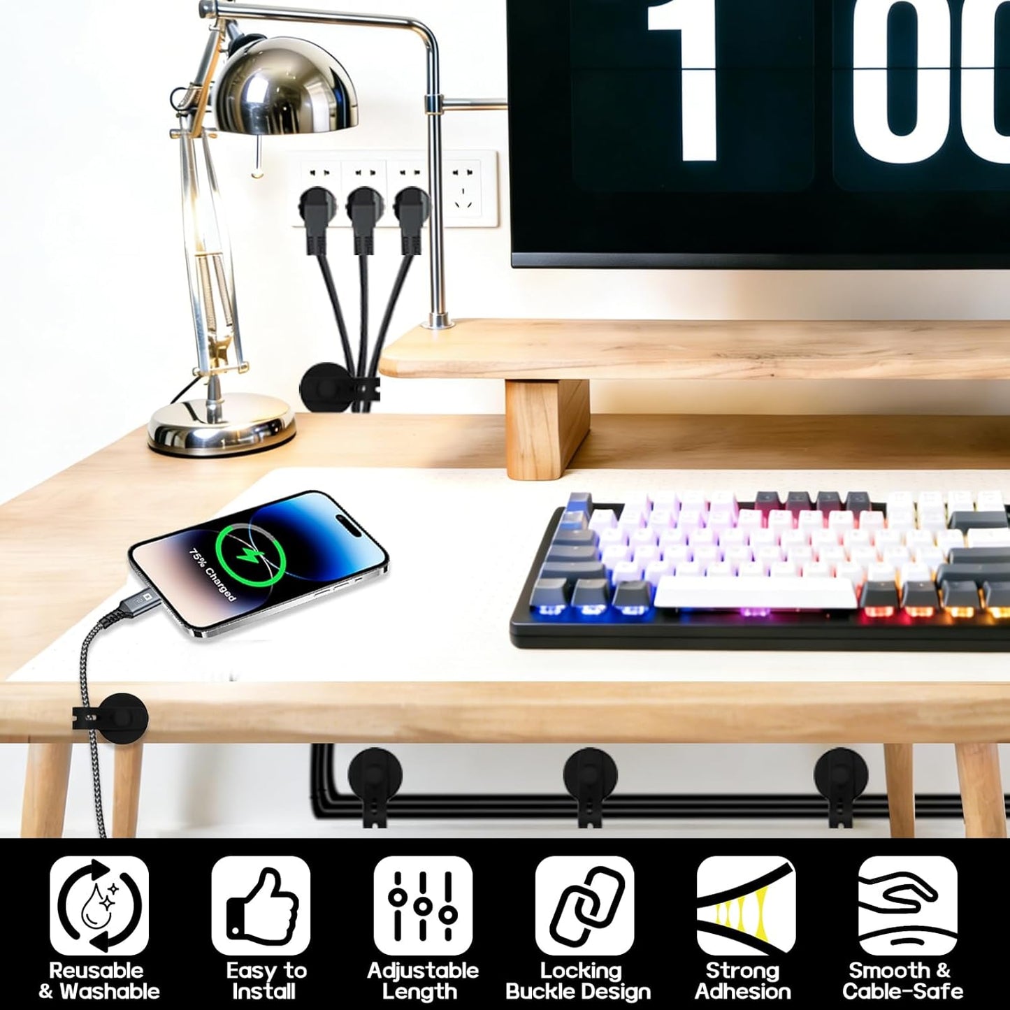 8Pcs Silicone Cable Straps, Self Adhesive Cable Management Under Desk, Reusable Cable Clip, Wire Organizers for Cords, Cord Holder for Home, Kitchen, Office, Bedroom, Car (Black)